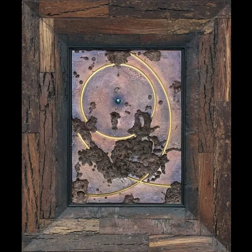 Civilizace – kůra, styrodur, sklo, 98×118 cm, 2024