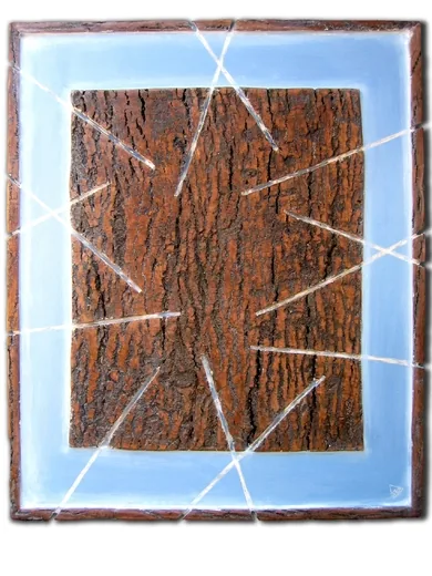 Zářezy – překližka, kůra, 100×121 cm, 2009