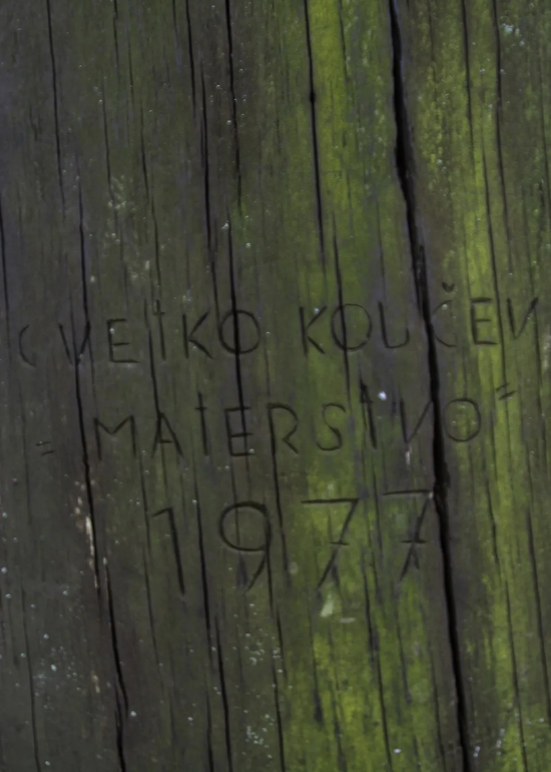 Autorský nápis vyrytý do dřeva sochy: CVETKO KOLČEV, MATERSTVO, 1977