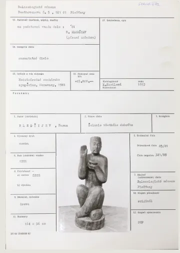 Katalogizační karta, Naran Eledžijev (SSSR), Želanie všetkého dobrého, 1981, dřevo, 164 × 56 cm