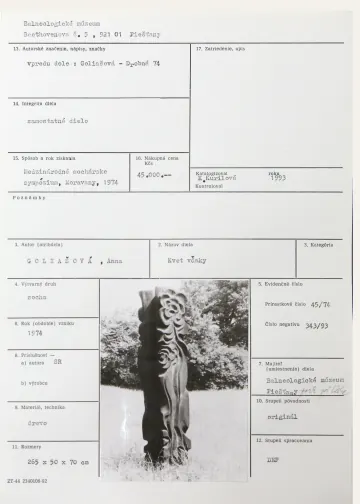 Katalogizační karta, Anna Goliašová (SR), Kvet vďaky, 1974, dřevo, 265 × 50 × 70 cm