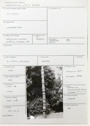 Katalogizační karta, Alexander Ilečko (SR), Plastika, 1971, borové dřevo, 600 × 33 cm