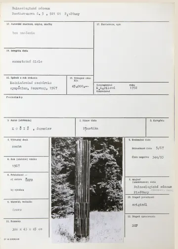 Katalogizační karta, Jaroslav Kočiš (ČSSR), Plastika, 1967, dřevo, 300 × 43 × 45 cm