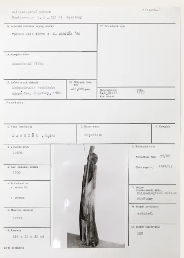 Katalogizační karta, Milan Marciňa (SR), Fujarista, 1980, dřevo, 216 × 33 × 33 cm
