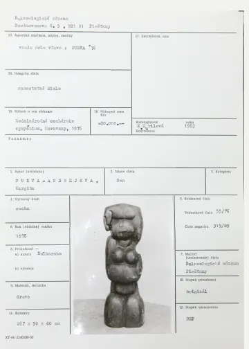 Katalogizační karta, Margita Pueva-Andrejeva (Bulharsko), Sen, 1976, dřevo, 167 × 50 × 40 cm