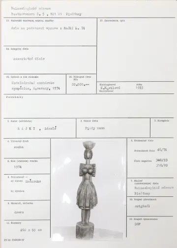 Katalogizační karta, László Rajki, Plody zeme, 1974, s odlišnými rukopisnými poznámkami o umístění
