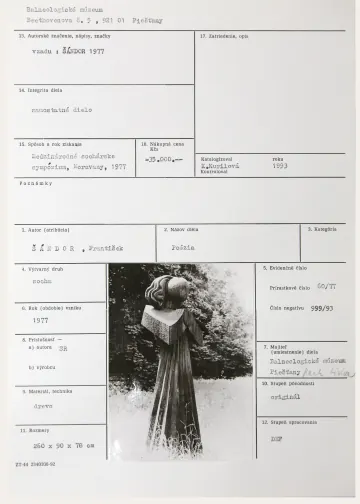 Katalogizační karta, František Šándor, Poézia, 1977, s jiným snímkem sochy