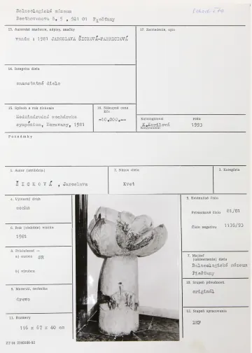 Katalogizační karta, Jaroslava Šicková-Fabriciová (SR), Kvet, 1981, dřevo, 116 × 67 × 40 cm
