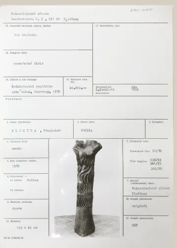 Katalogizační karta, Stanislav Slonina (Polsko), Stélla, 1970, dřevo, 193 × 43 cm