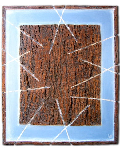 ZÁŘEZY, překližka, kůra, 100x121, 2009